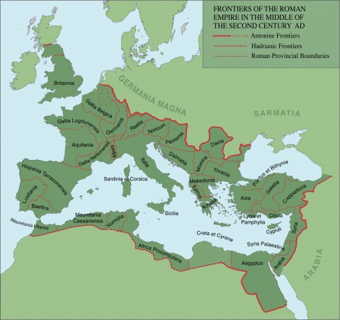 Die Ausdehnung der Grenzen des Römischen Reiches im mittleren 2. Jh. n. Chr.